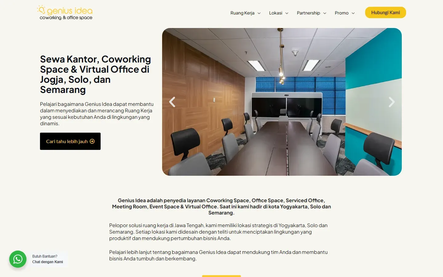Beranda Genius Idea dengan headline sewa kantor, coworking, dan virtual office di Jogja, Solo, dan Semarang