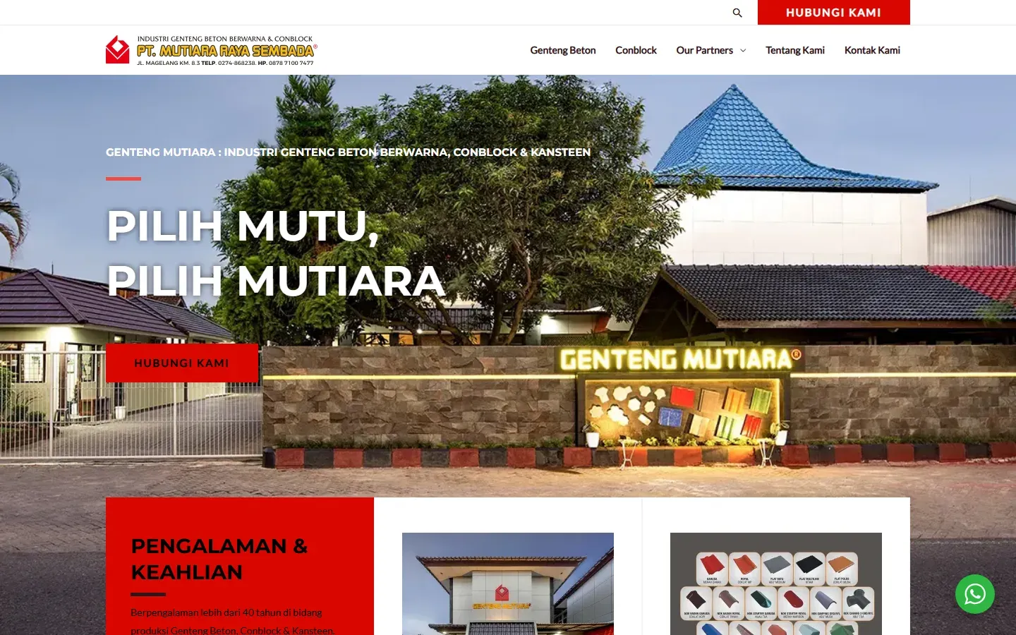 Beranda Genteng Mutiara dengan tampilan atap genteng, informasi produk, dan proyek