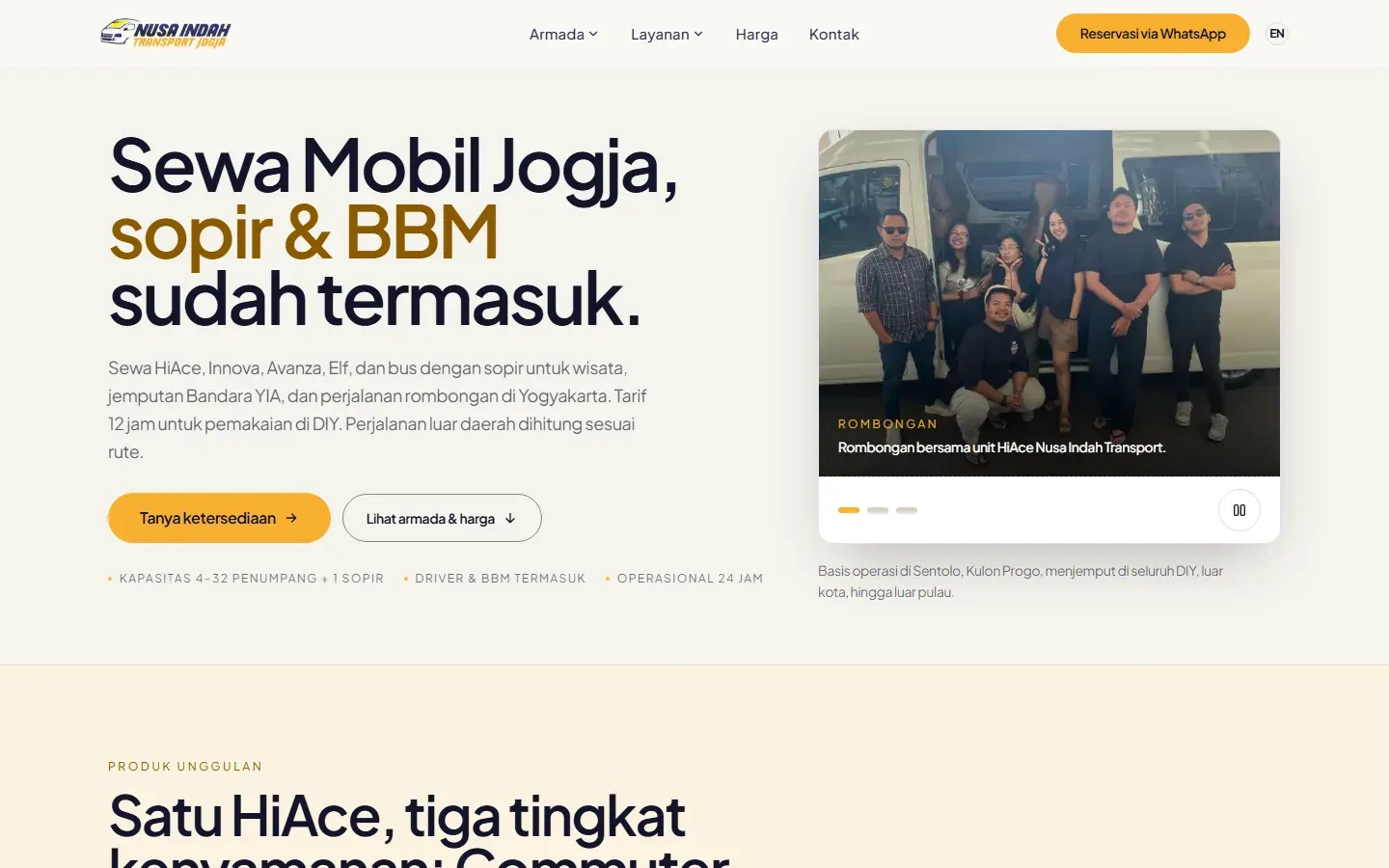 Beranda Nusa Indah Transport dengan headline sewa mobil Jogja, sopir, dan BBM